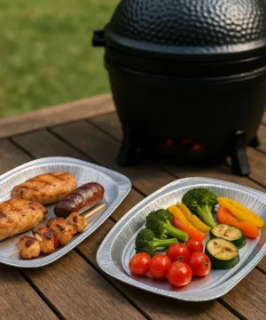 Twee aluminium serveerschalen met gegrilde kip, worst en groenten op een houten tafel naast een Kamado Ho-cooker.
