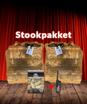 Stookpakket haardhout – 2 netzakken ovengedroogd berkenhout 22L met 25 aanmaakkrullen en navulbare aansteker