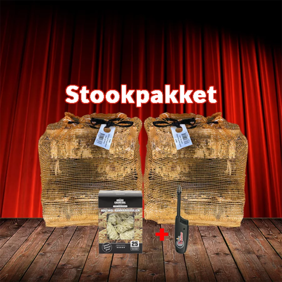 Stookpakket haardhout – 2 netzakken ovengedroogd berkenhout 22L met 25 aanmaakkrullen en navulbare aansteker