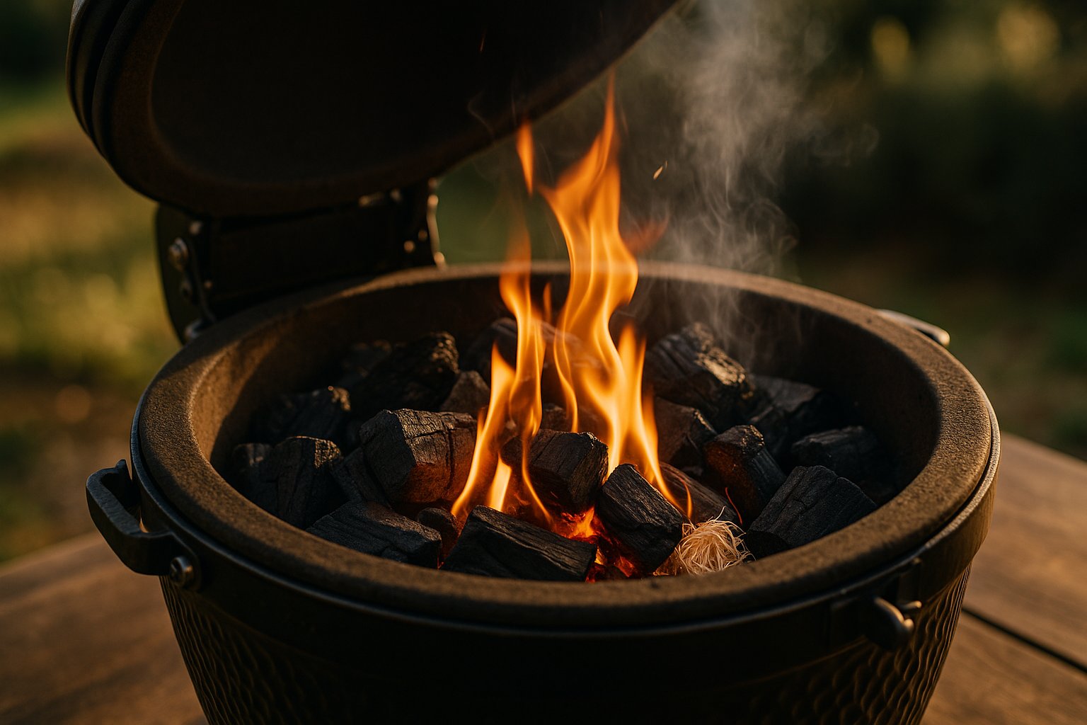 Kamado_met_houtskool_en_wokkels_aangestoken_optimized