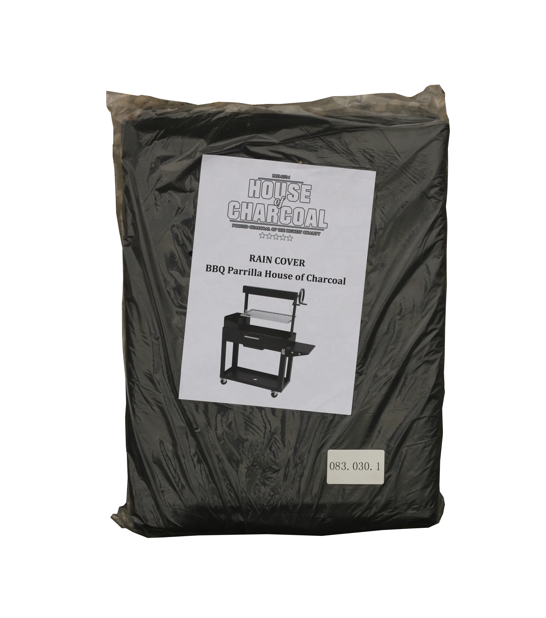 Zwarte beschermhoes voor House of Charcoal BBQ Parrilla in verpakking